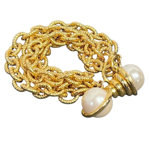 VINTAGE Gold-tone Chunky Chains Faux Pearls Elegant Dangle Bracelet - Picture 1 of 16